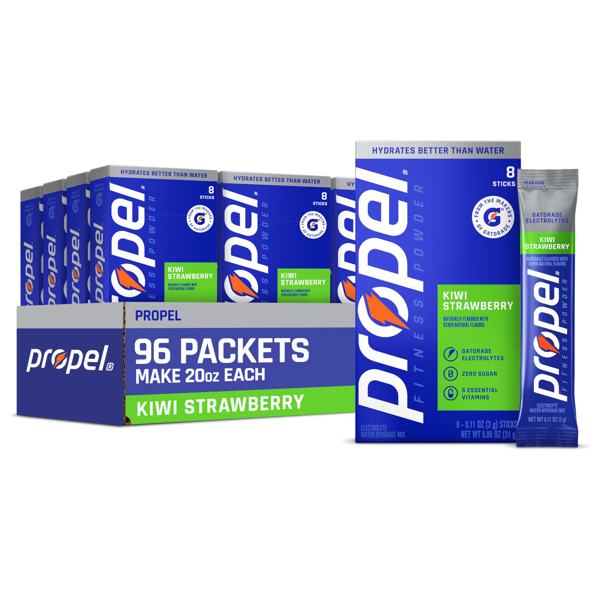 Propel front packaging showing 96 sticks and portable hydration benefit