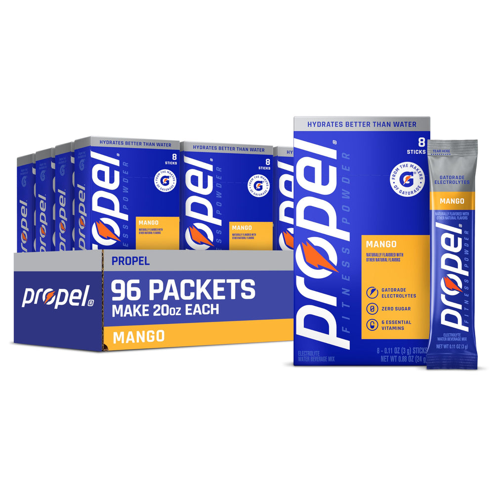 Propel Mango front packaging showing 96-packet box and brand visibility