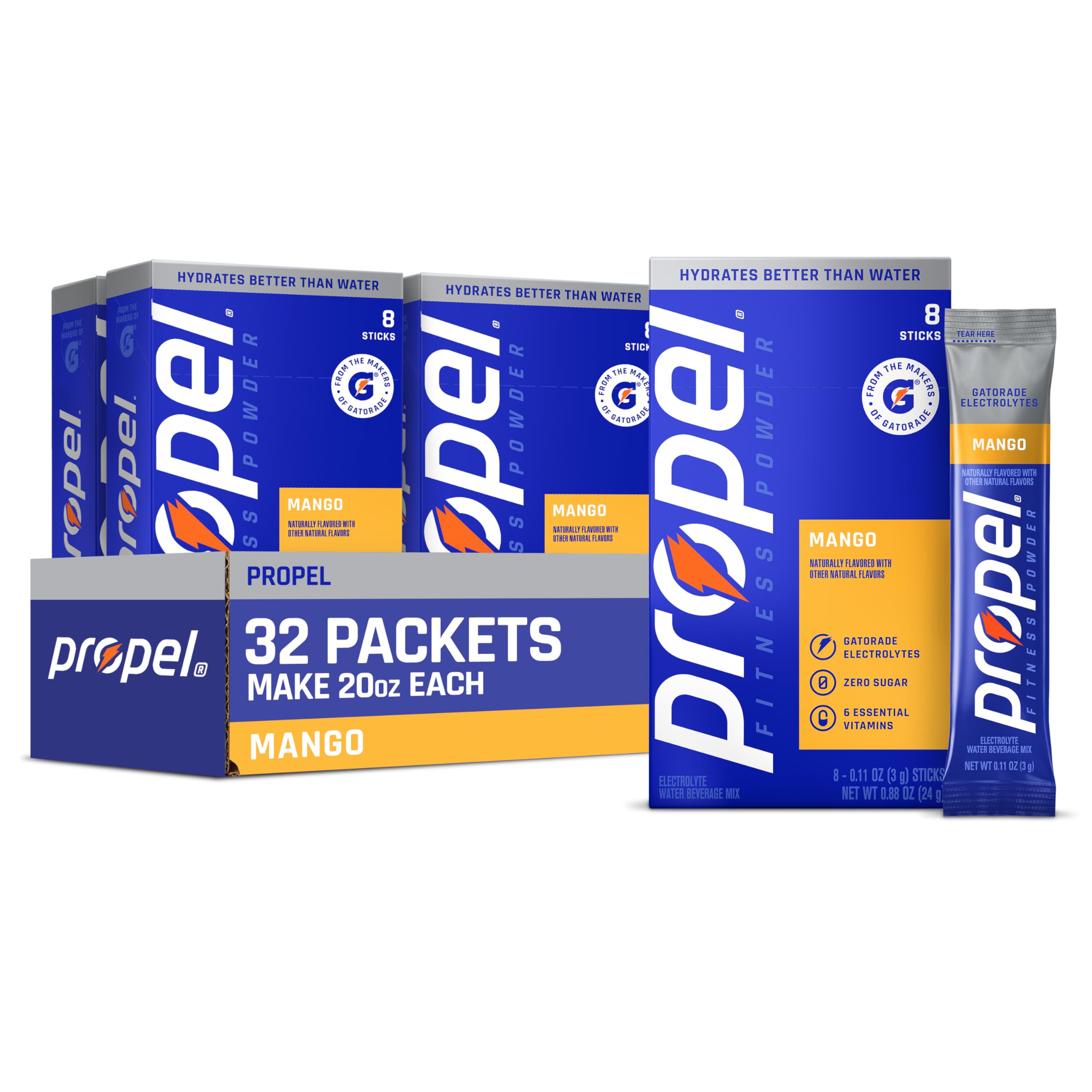 Propel front packaging showing mango flavor and 32-stick count for easy hydration