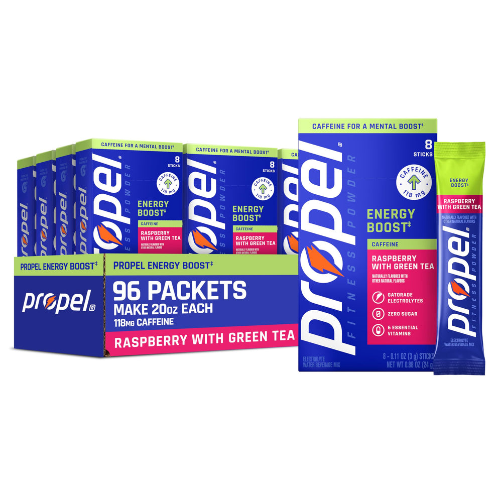 Propel Passionfruit Guava front packaging showing 96 sticks and flavor benefit