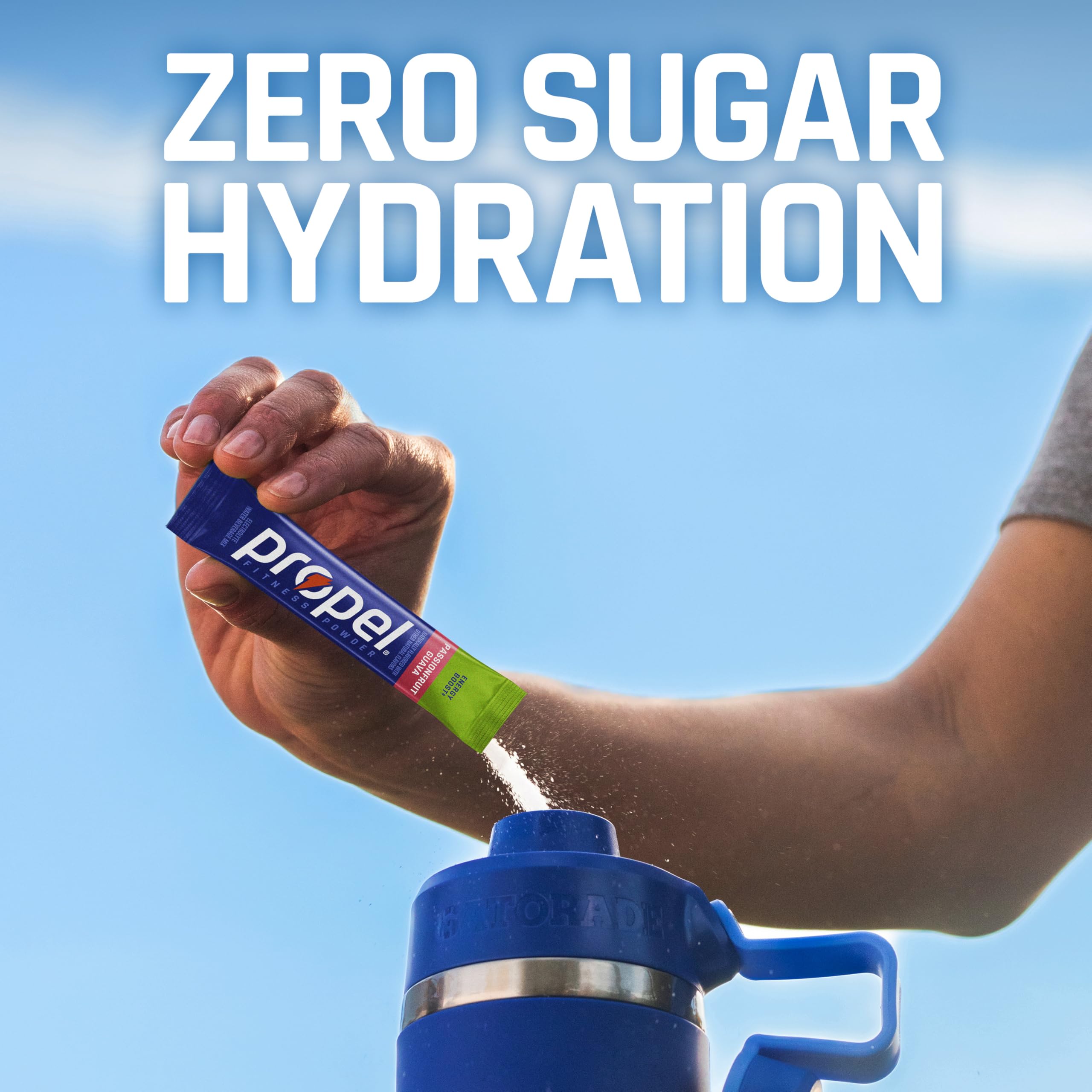 Propel mixed serving in reusable bottle demonstrating on-the-go hydration benefit