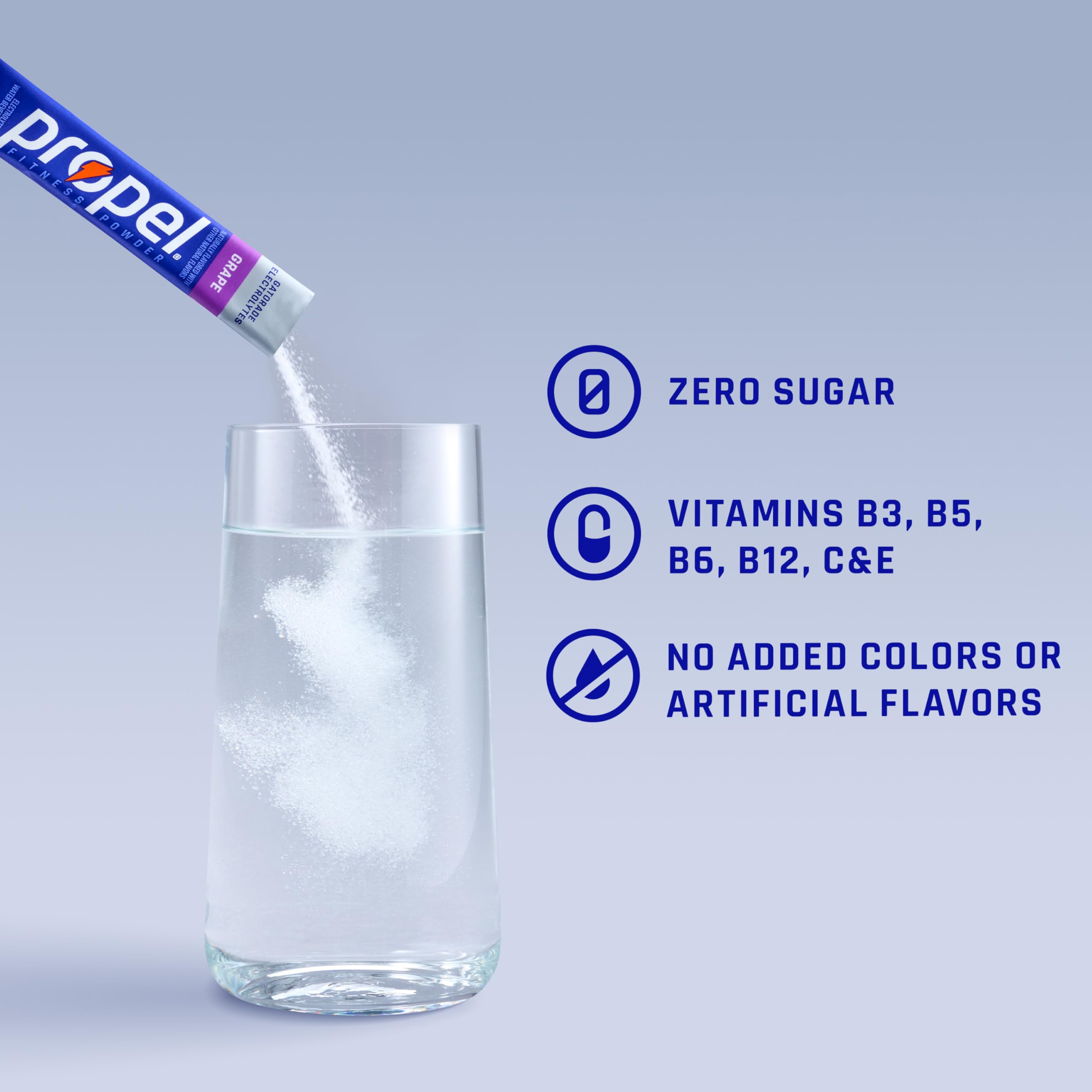 Propel single stick packet held for portable, measured hydration on the go