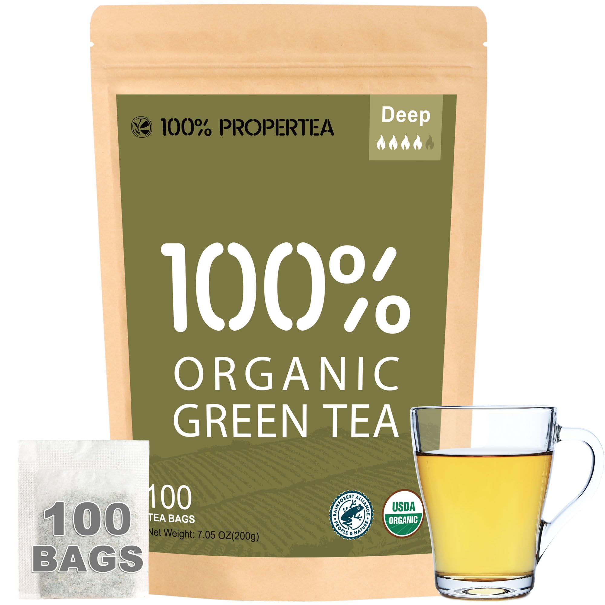 100% Propertea front packaging showing 100-count box and organic branding, clear quality benefit
