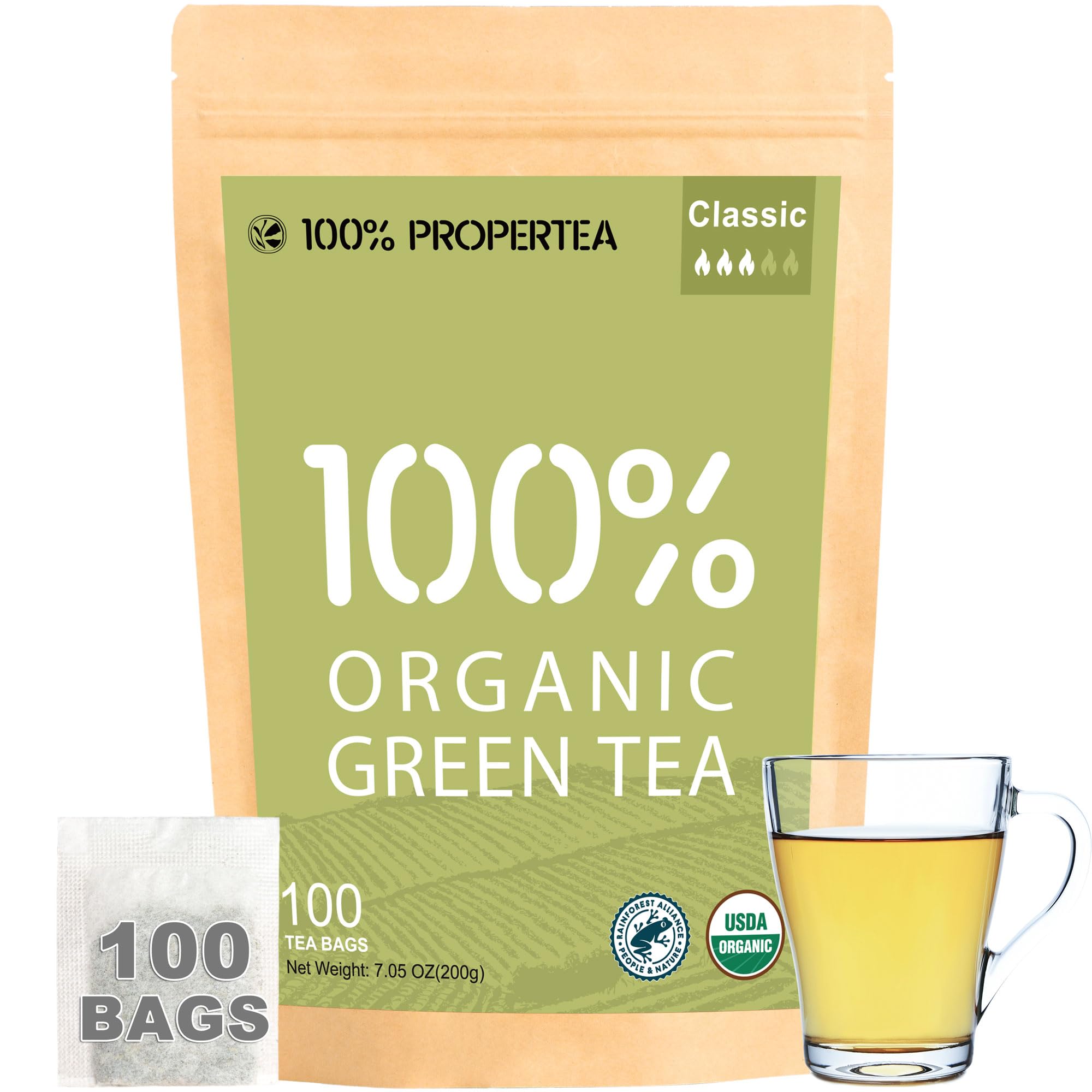 100% Propertea front packaging showing organic longjing tea and certifications for trust