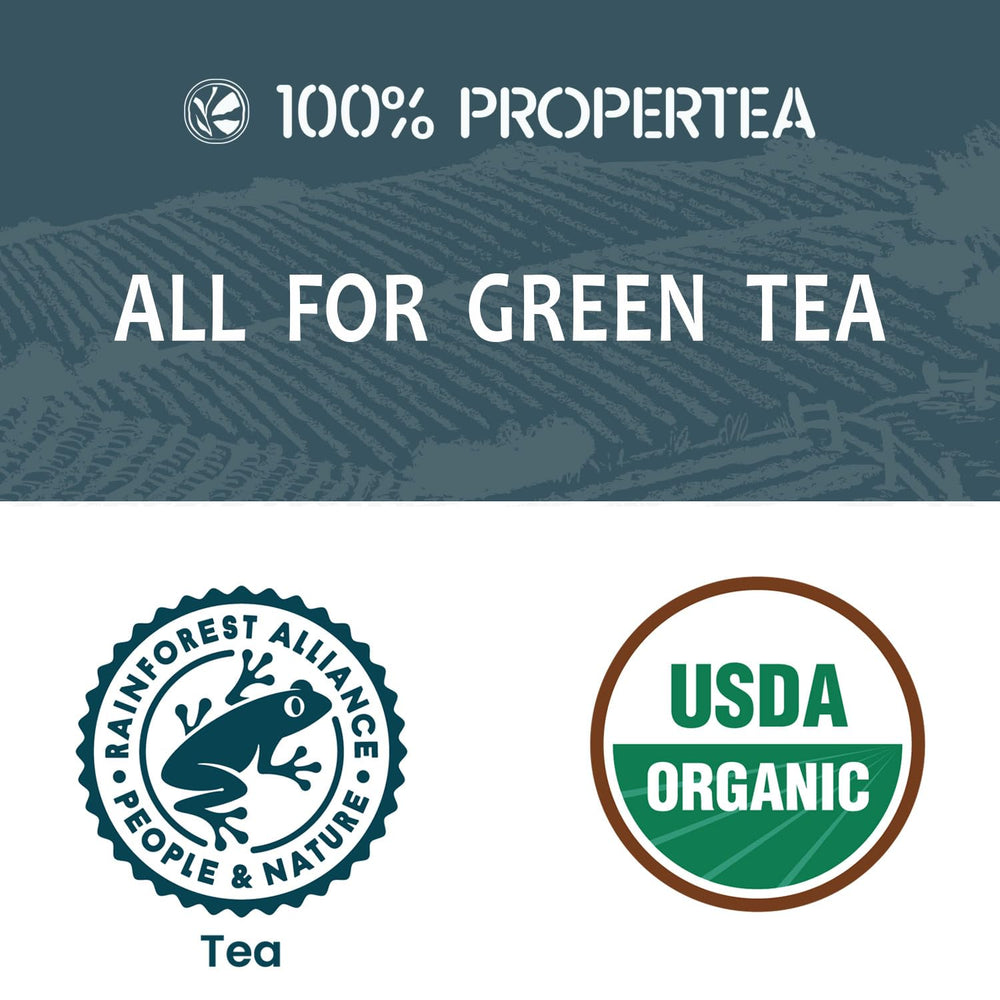 Propertea tea bags next to a teaspoon for scale showing 100-count convenience and portion control