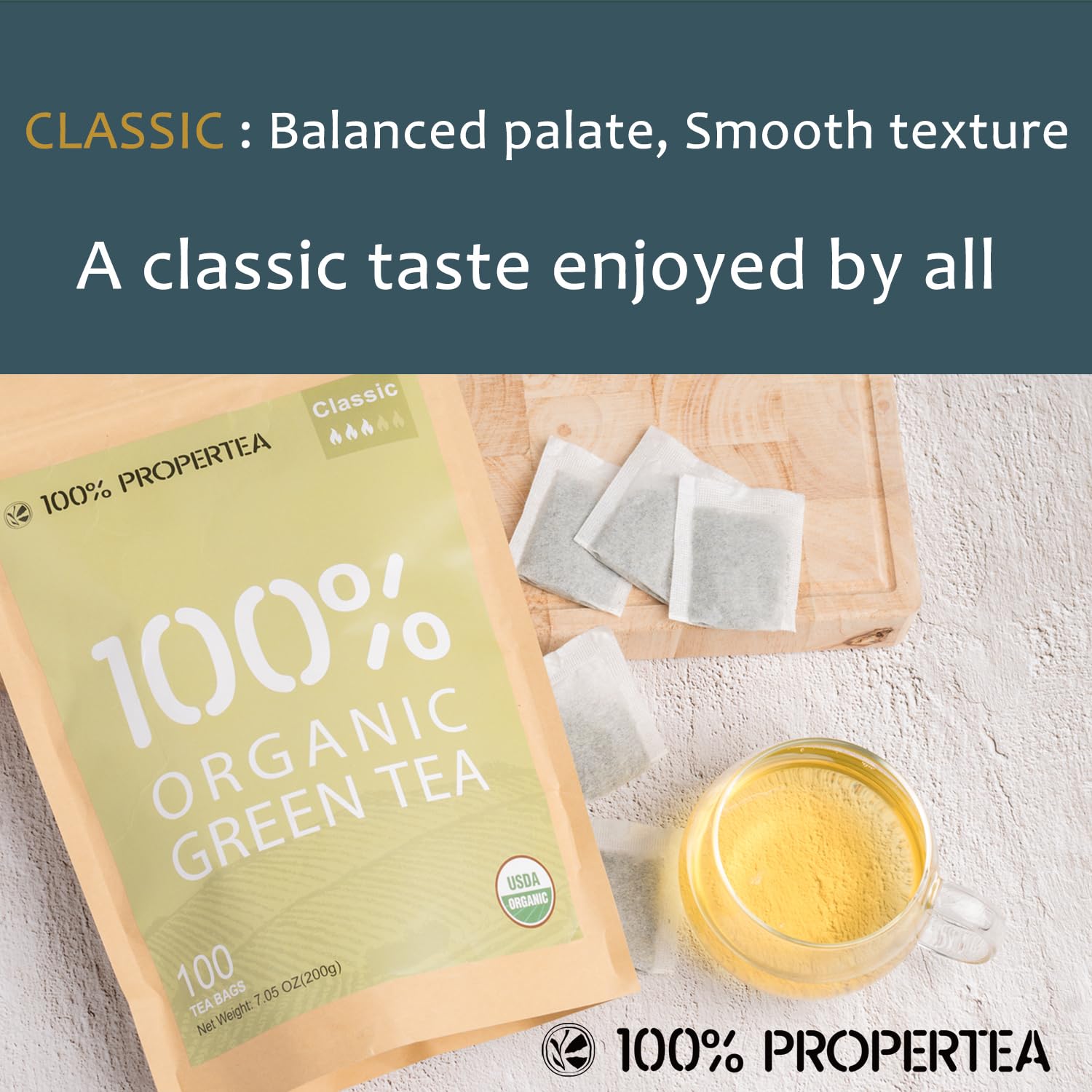 100% Propertea spread of tea bags highlighting 100-count convenience and consistent servings