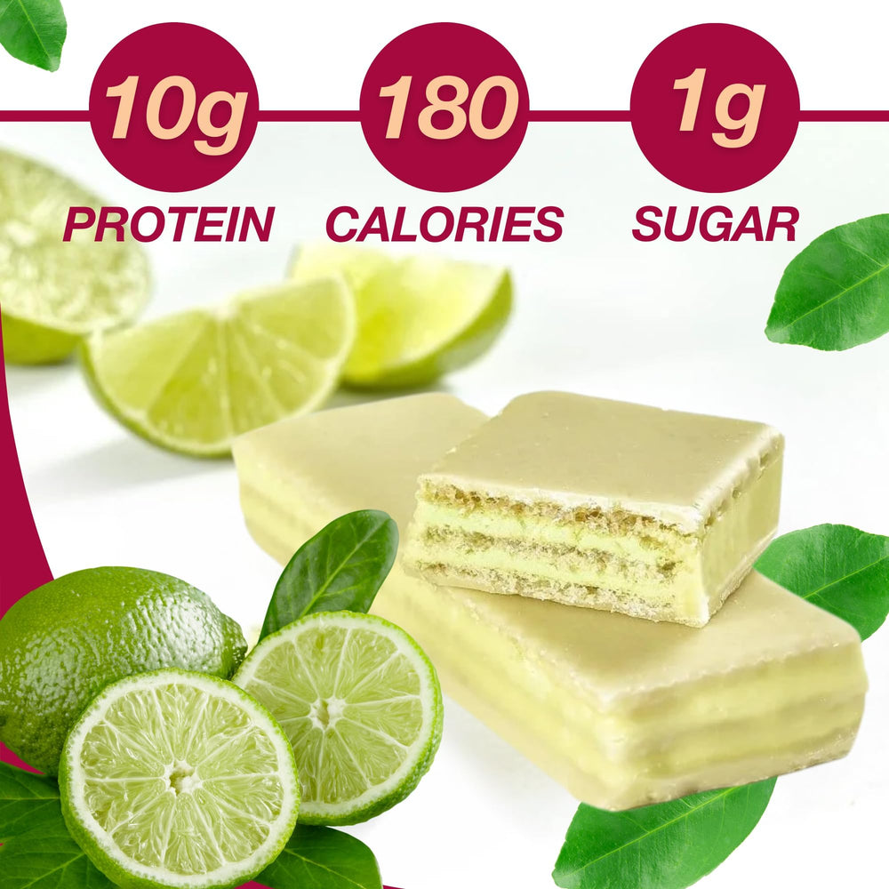 ProtiDIET close-up of a single wafer cross-section showing creamy lime filling for bright flavor
