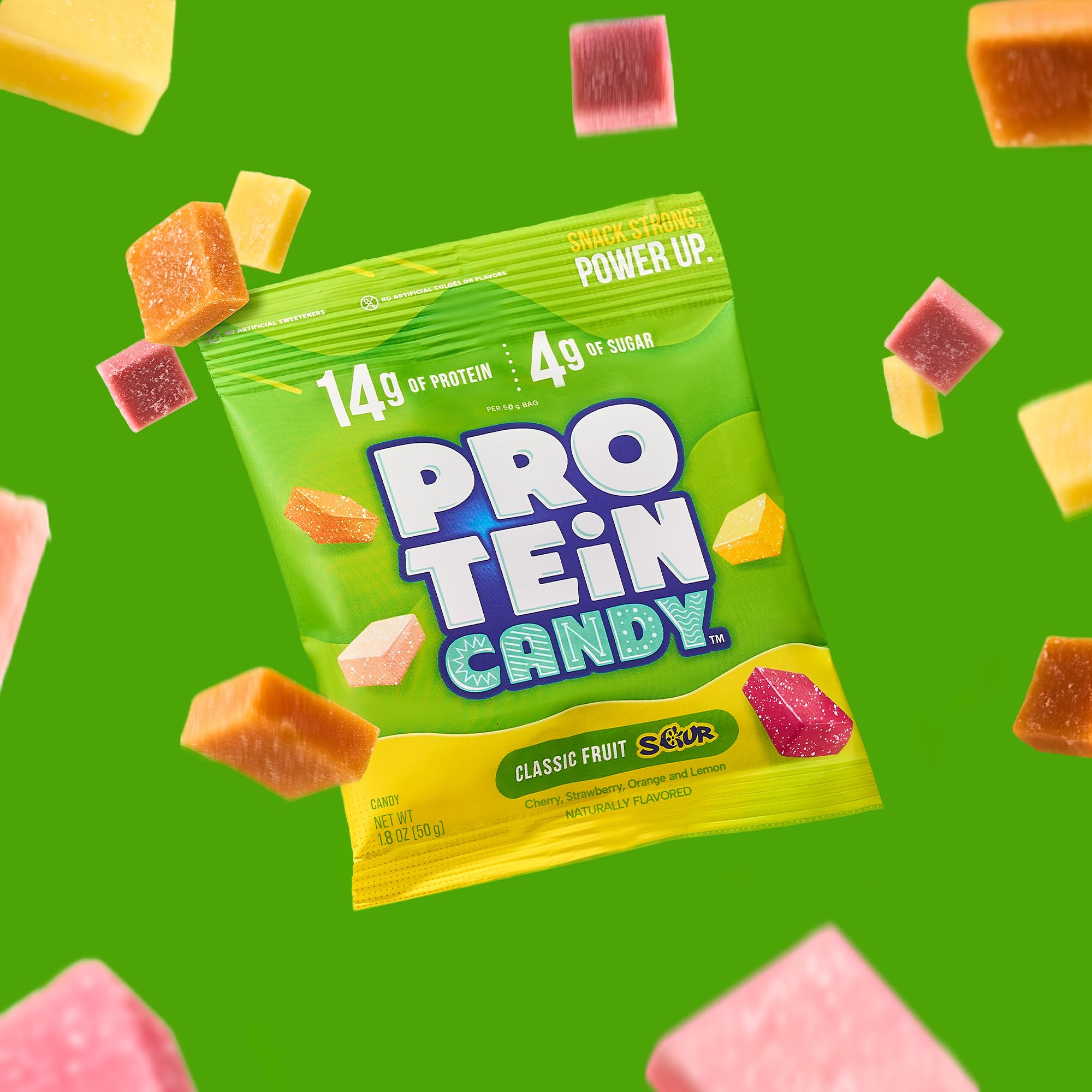 PROTEIN CANDY close-up of chewy texture and sour sugar coating for authenticity