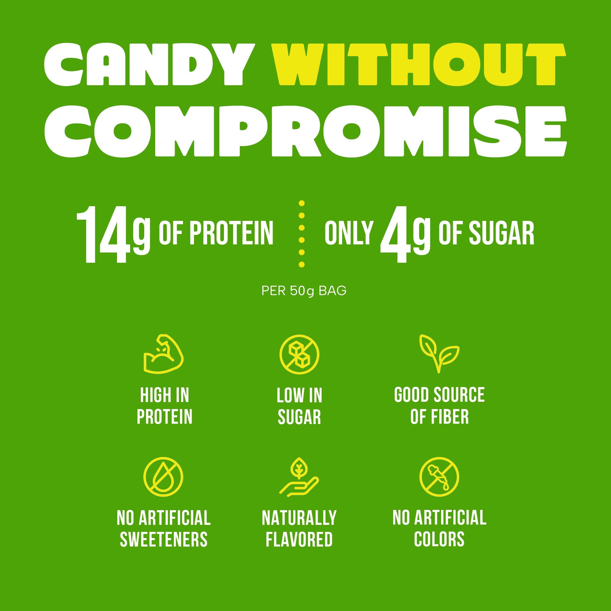 PROTEIN CANDY open bag with chews visible emphasizes portion and taste