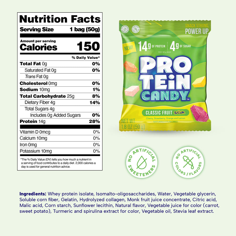 PROTEIN CANDY bag in hand for serving-size comparison and portability benefit