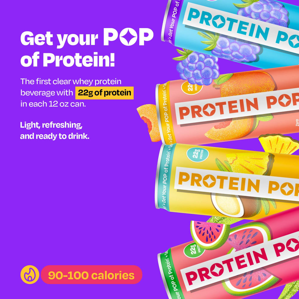 Protein Pop close-up label highlighting 22g protein and zero sugar benefit
