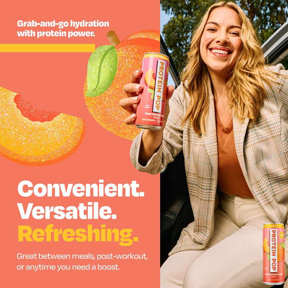 Protein Pop can in hand demonstrating convenient portable size