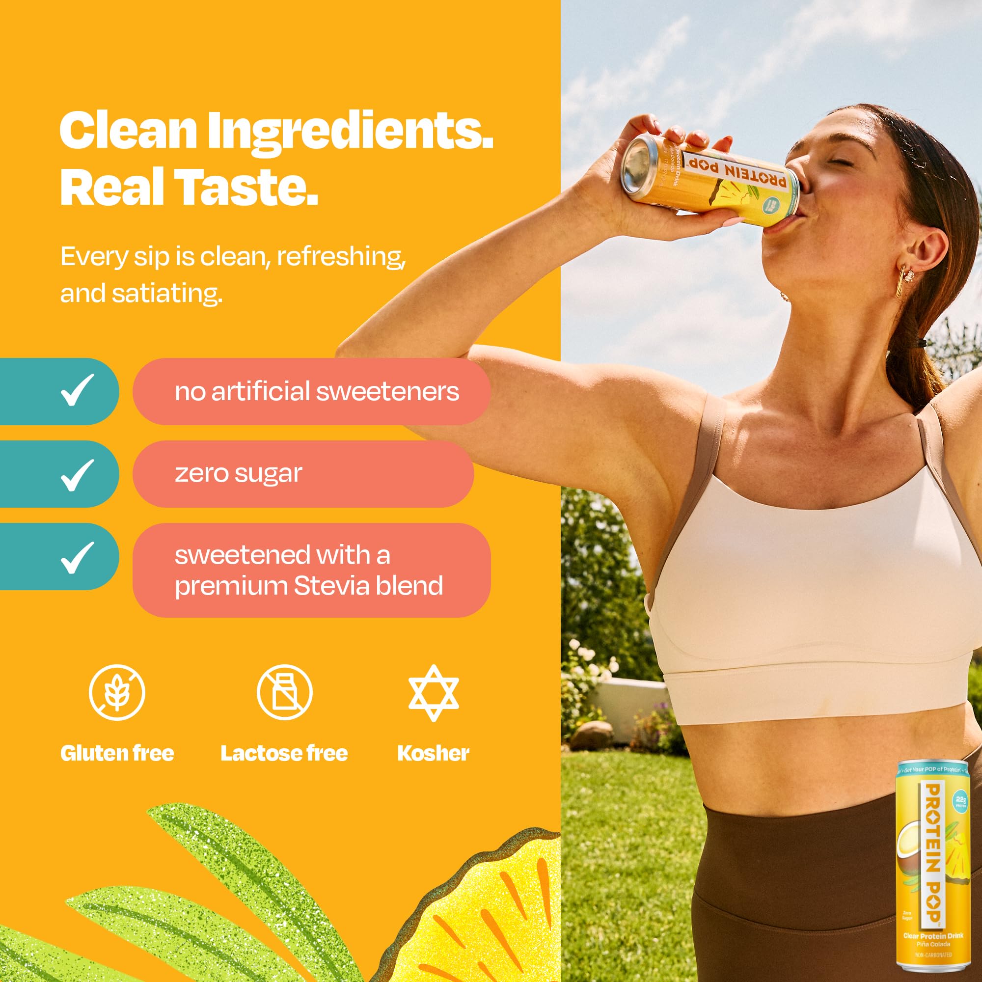 Protein Pop clear liquid texture in glass showing light, refreshing feel