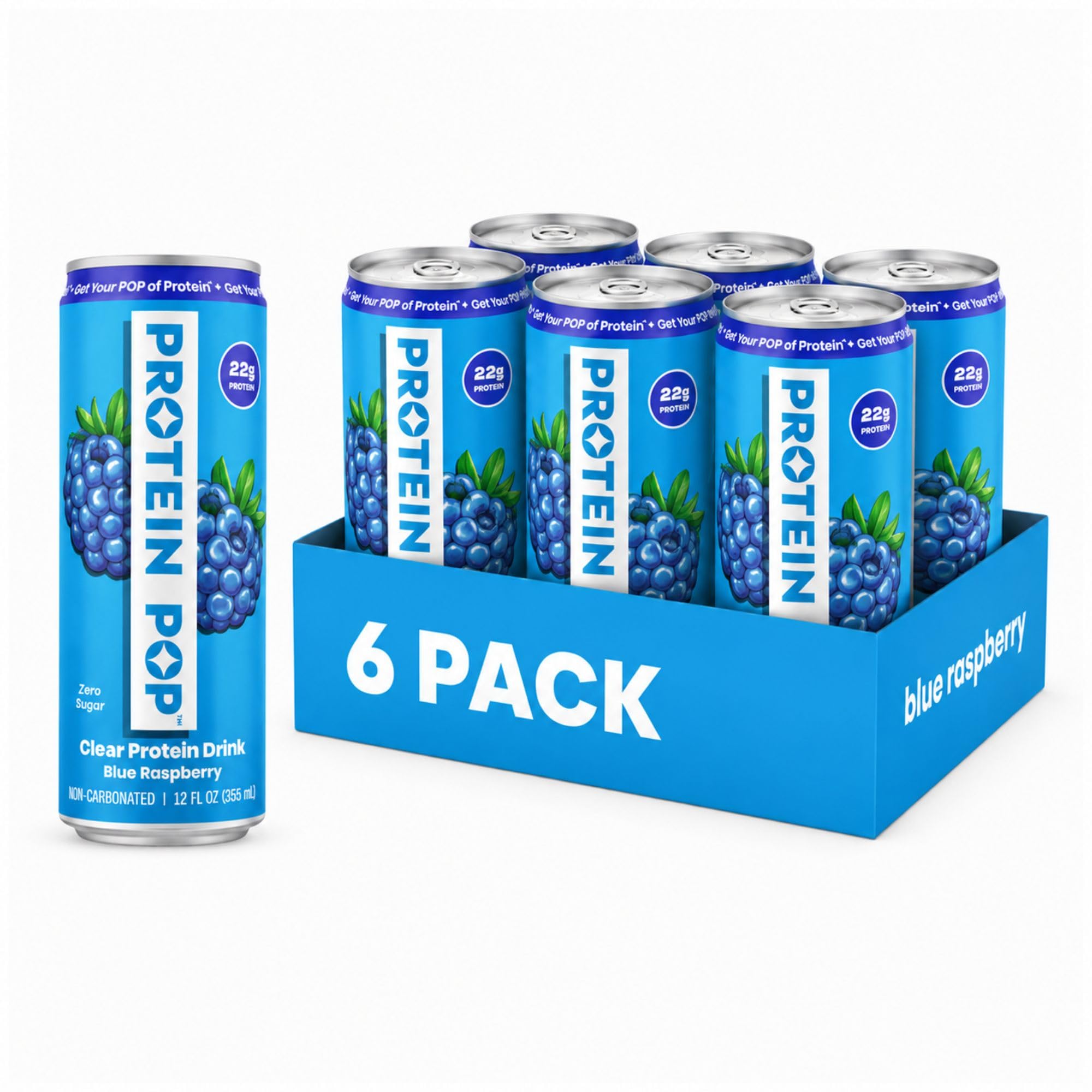 PROTEIN POP front packaging showing blue raspberry cans and portability benefit