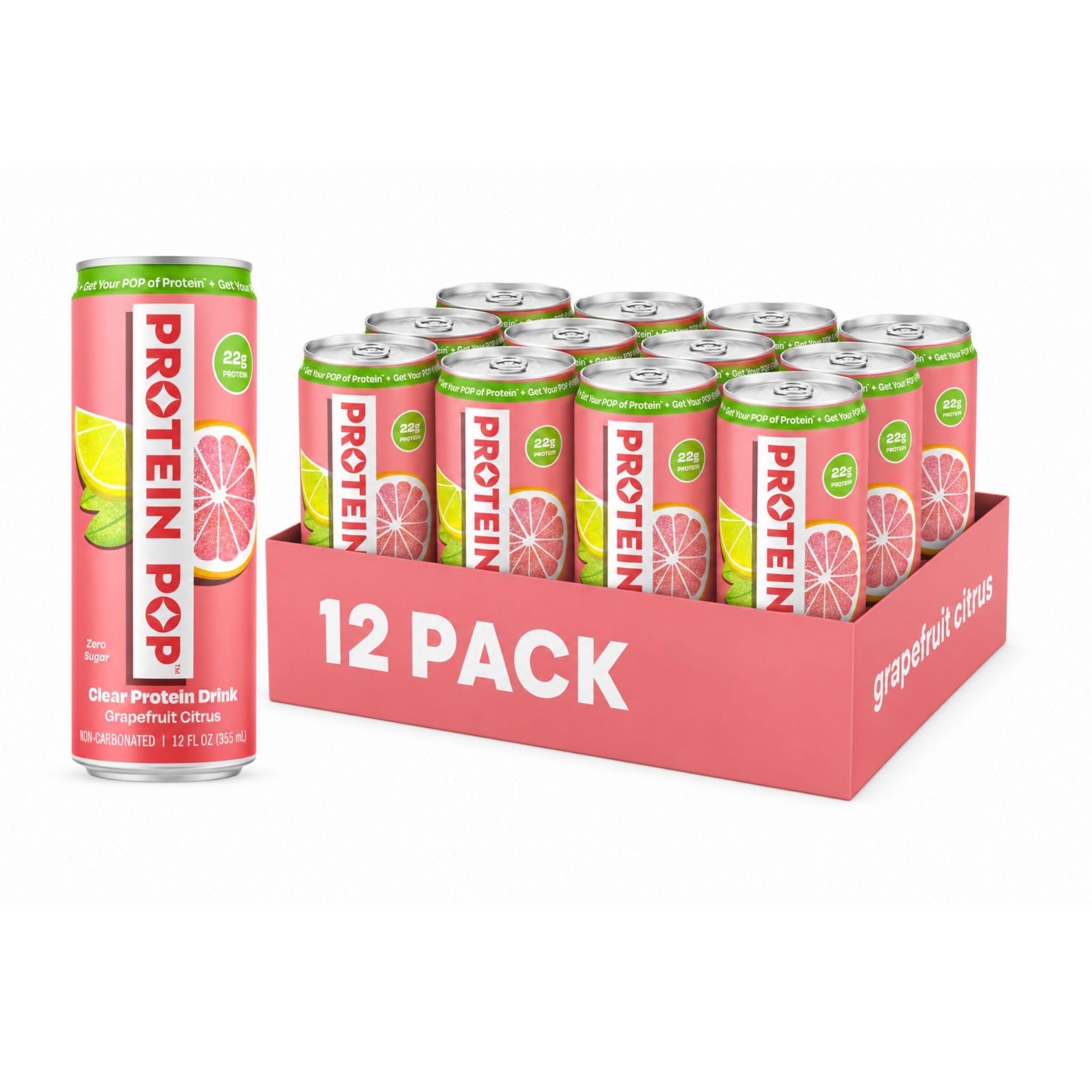 Protein Pop front packaging showing grapefruit citrus can and nutrition benefits