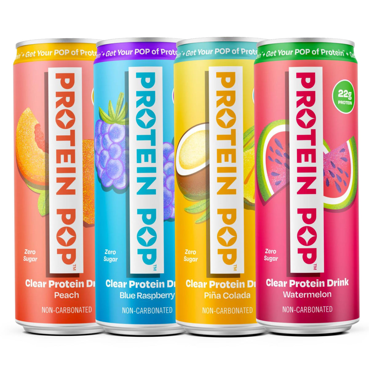 Protein Pop front packaging showing four cans and refreshing benefits