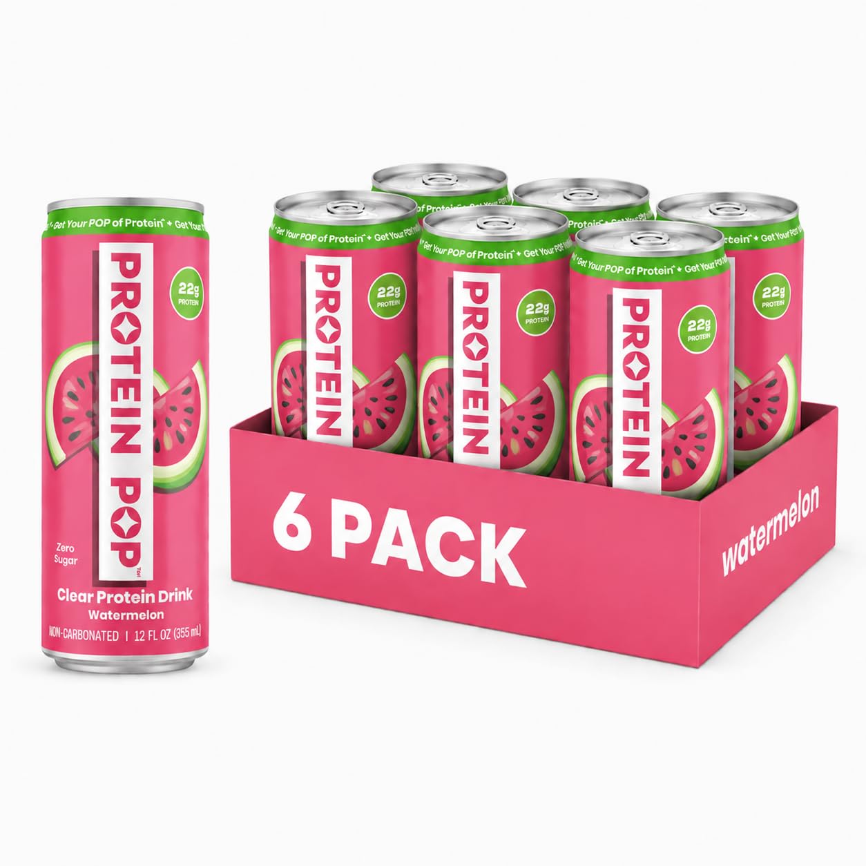PROTEIN POP front can showing watermelon flavor and clear look, highlights 22g protein