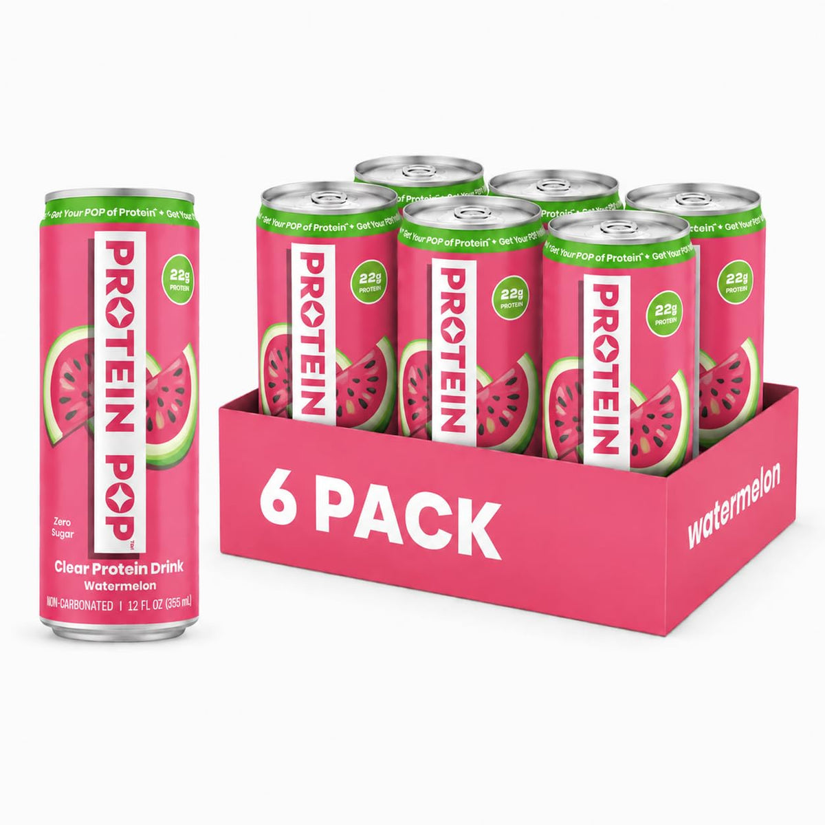 PROTEIN POP front can showing watermelon flavor and clear look, highlights 22g protein