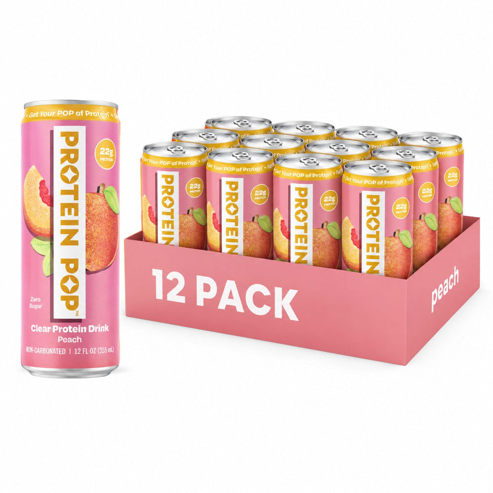 PROTEIN POP front can view showing Peach flavor and convenient 12 fl oz size benefit