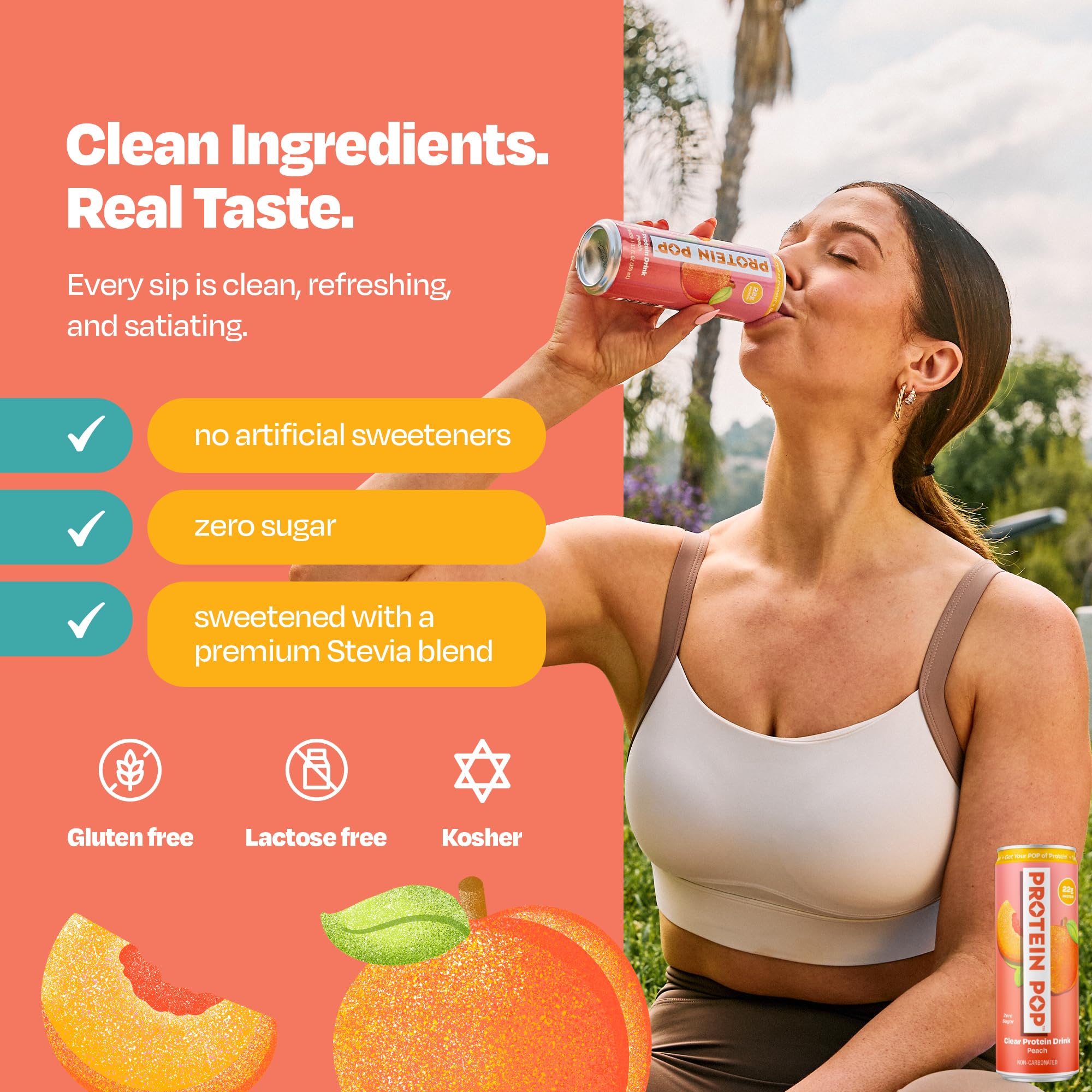 Protein Pop pouring into a glass to show clarity and light peach color