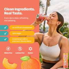 Protein Pop pouring into a glass to show clarity and light peach color