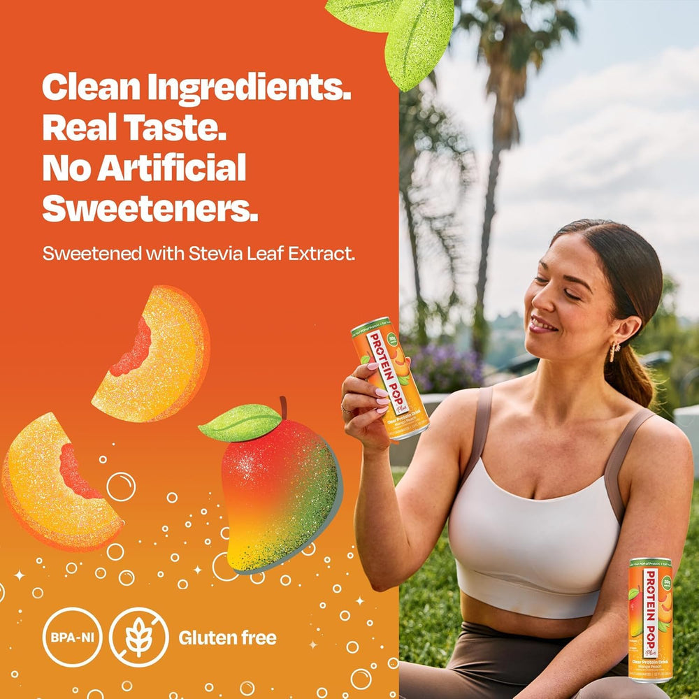 PROTEIN POP can open pouring into glass for quick post-workout refreshment