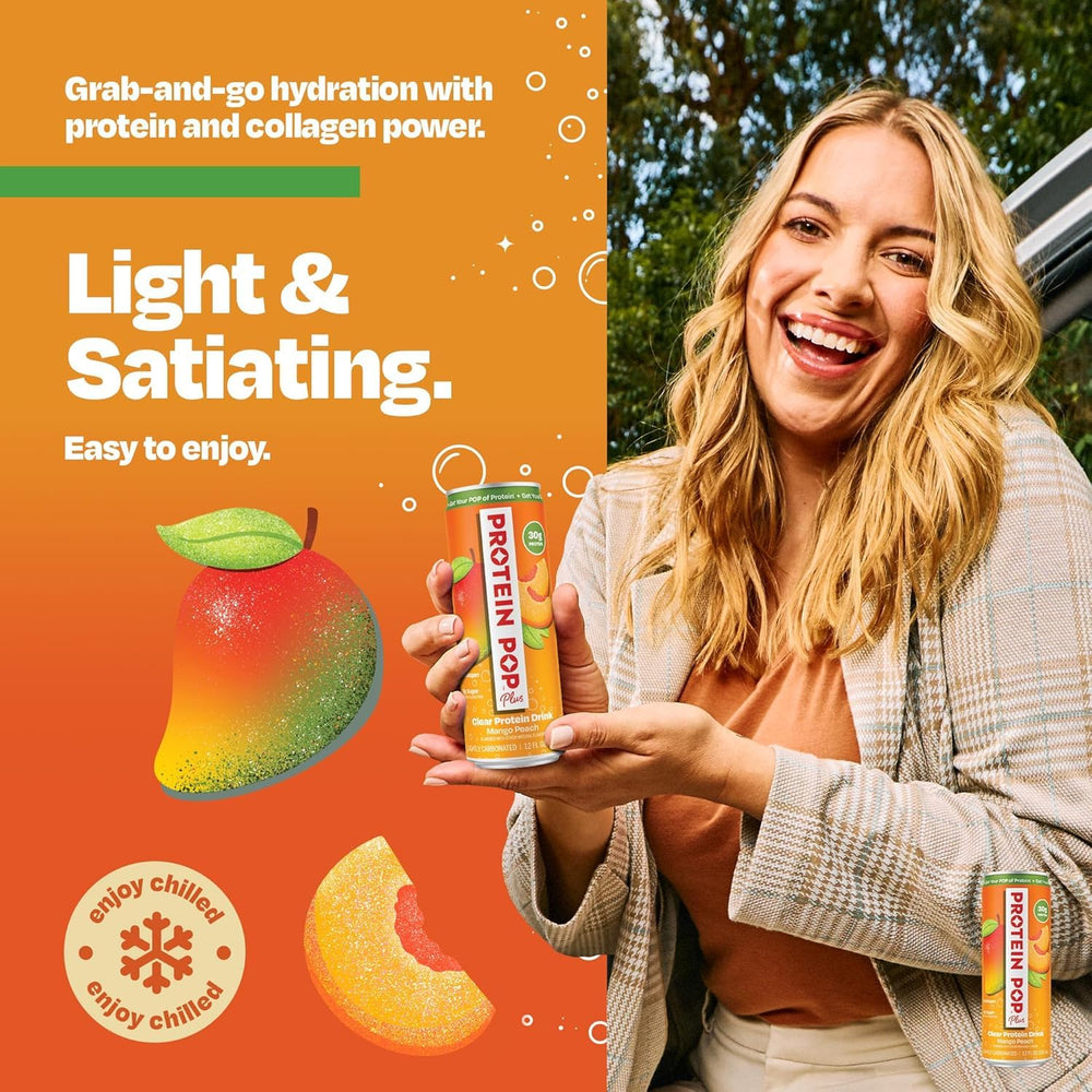 PROTEIN POP cans in fridge and gym bag illustrating on-the-go convenience