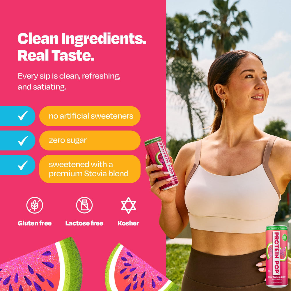 PROTEIN POP being poured into a glass, shows clarity and easy sipping