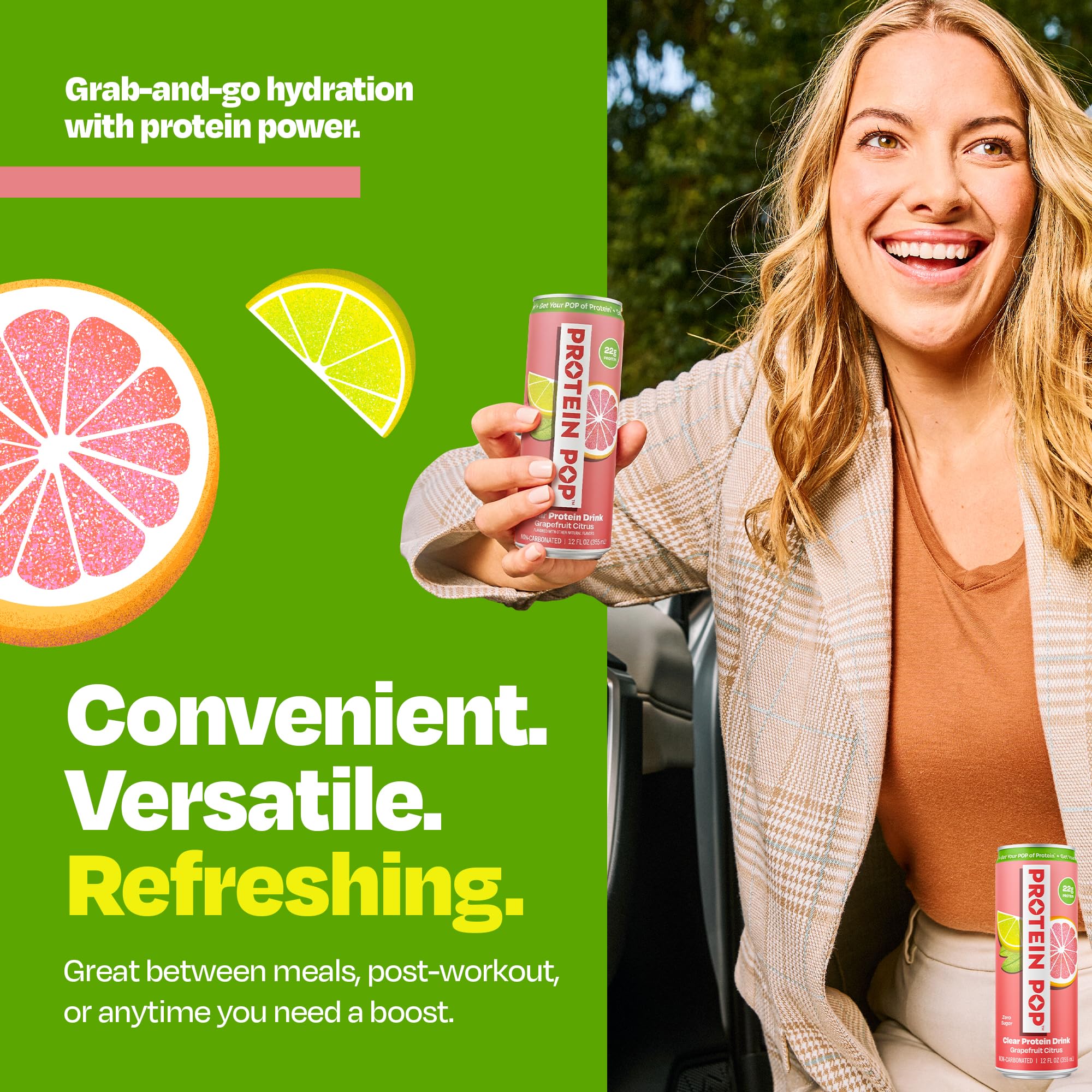 Protein Pop poured over ice in a glass conveying refreshing citrus flavor and hydration