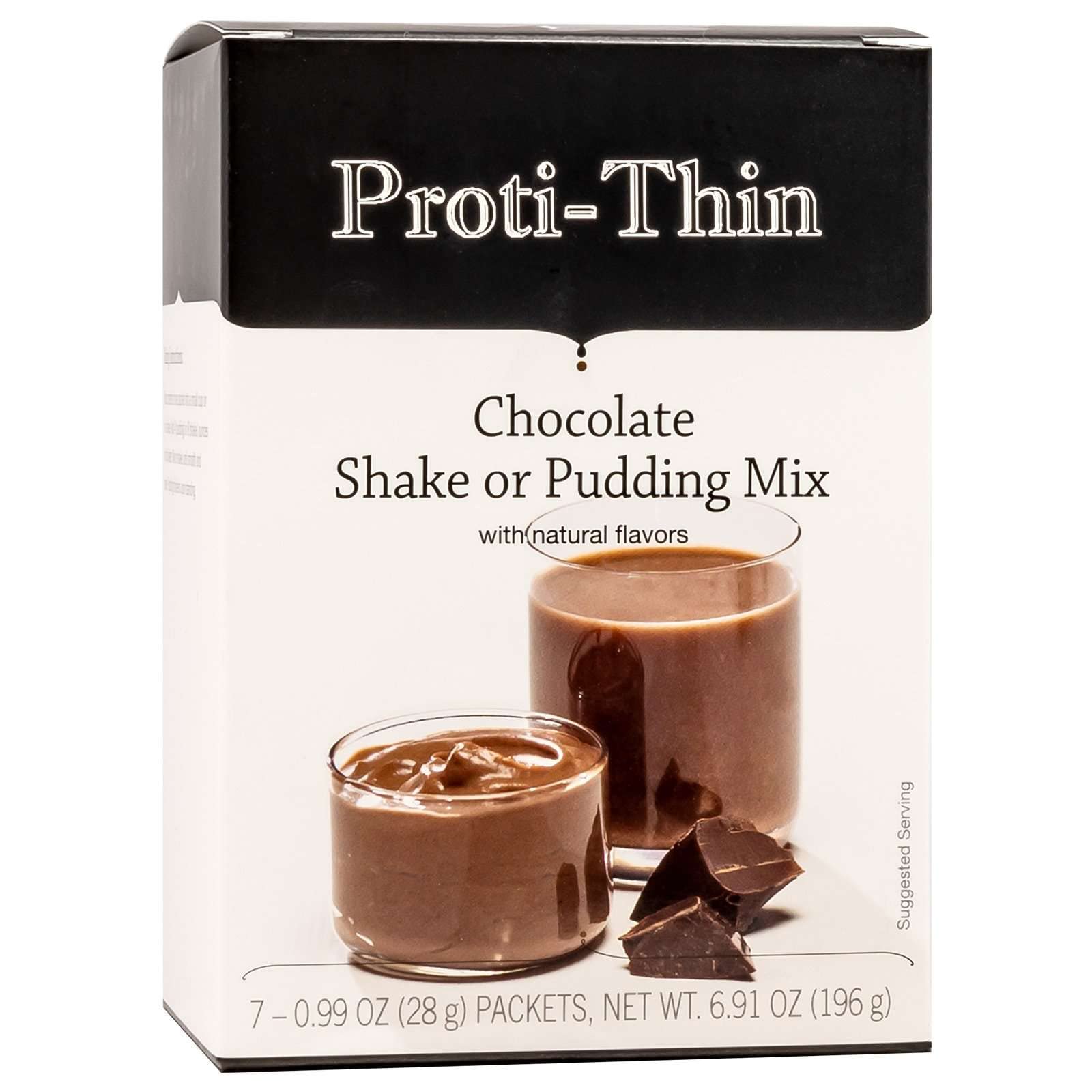 Proti-Thin front packaging showing chocolate flavor and 7 packets benefiting convenience