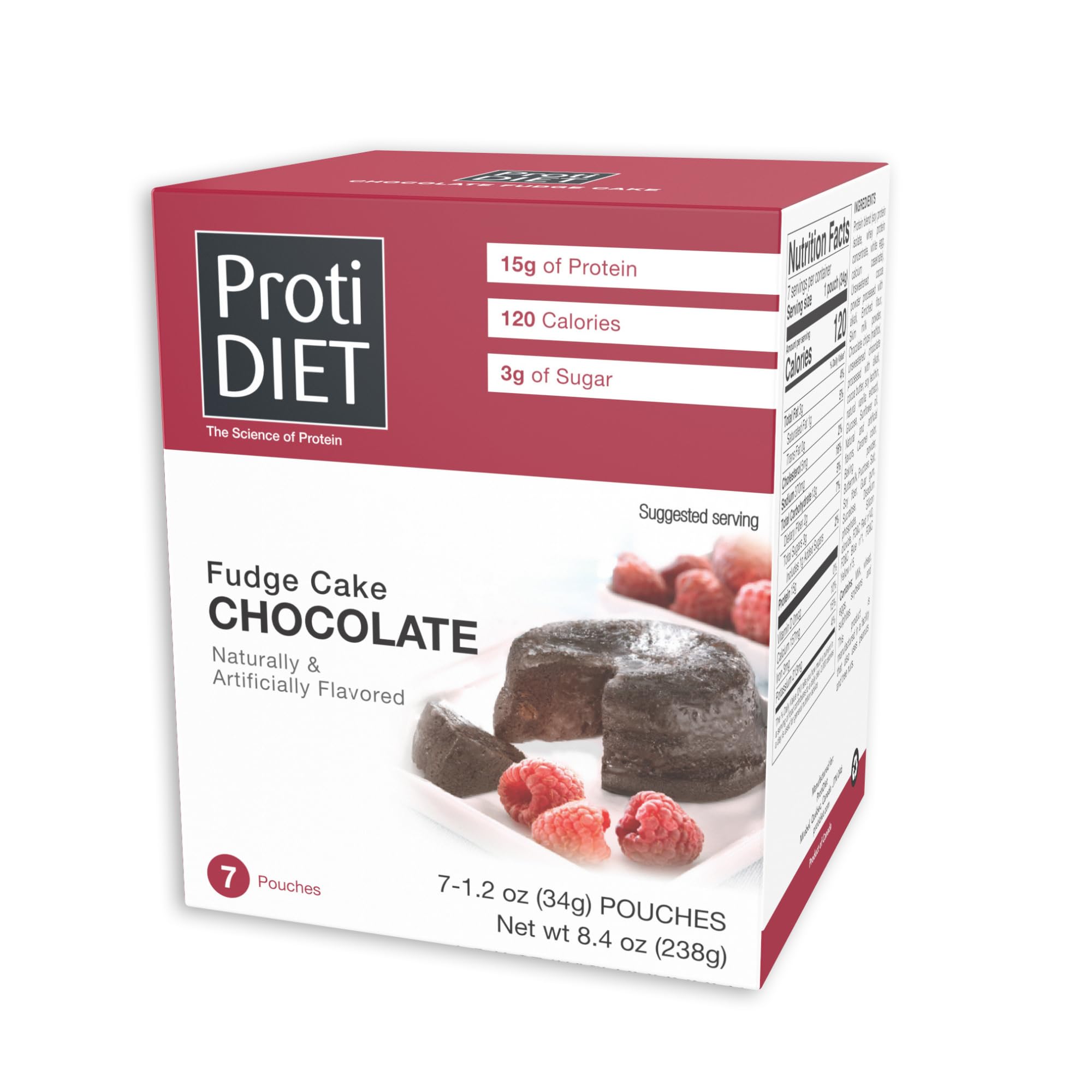 ProtiDIET box front showing chocolate fudge flavor and benefit of portable protein