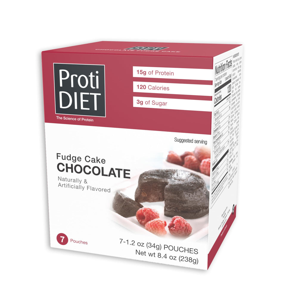 ProtiDIET box front showing chocolate fudge flavor and benefit of portable protein