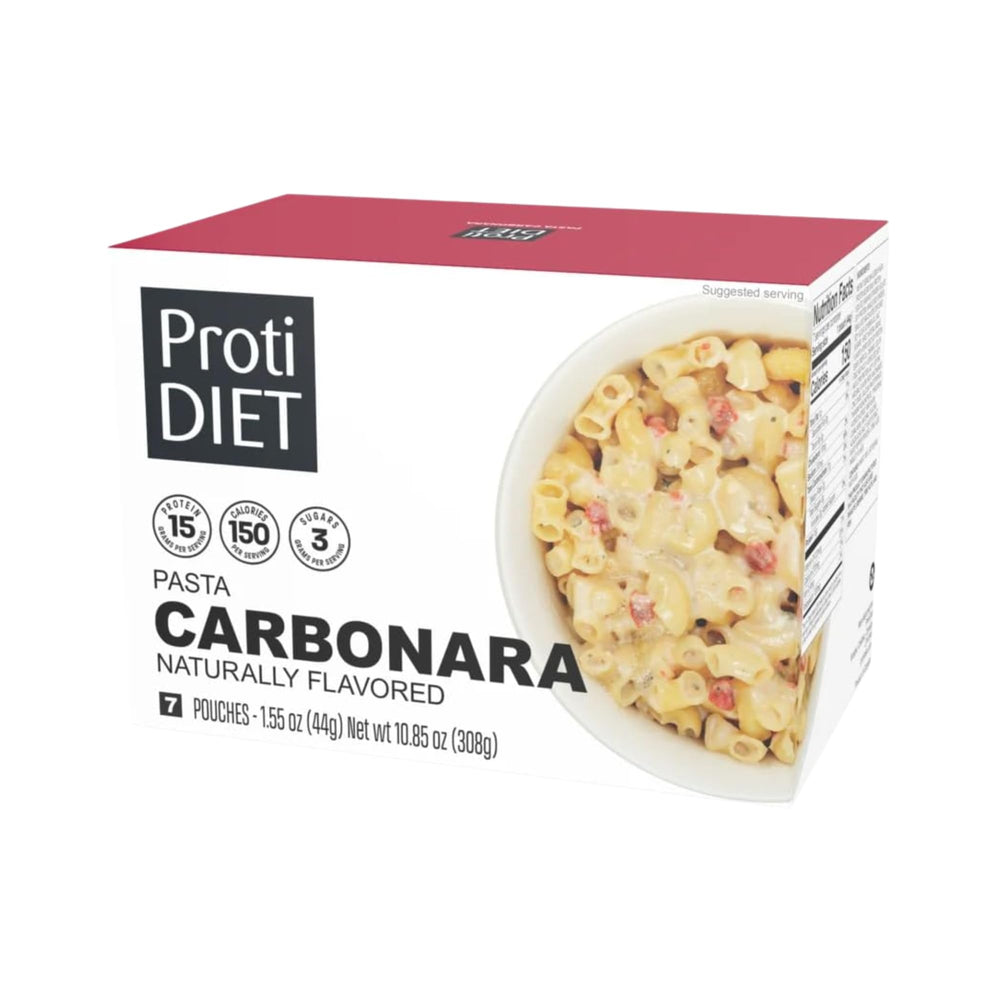 ProtiDIET front packaging showing seven carbonara pouches and protein benefits