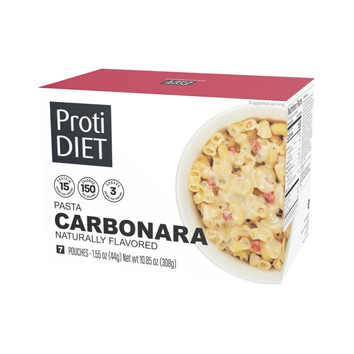 ProtiDIET front packaging showing seven carbonara pouches and protein benefits