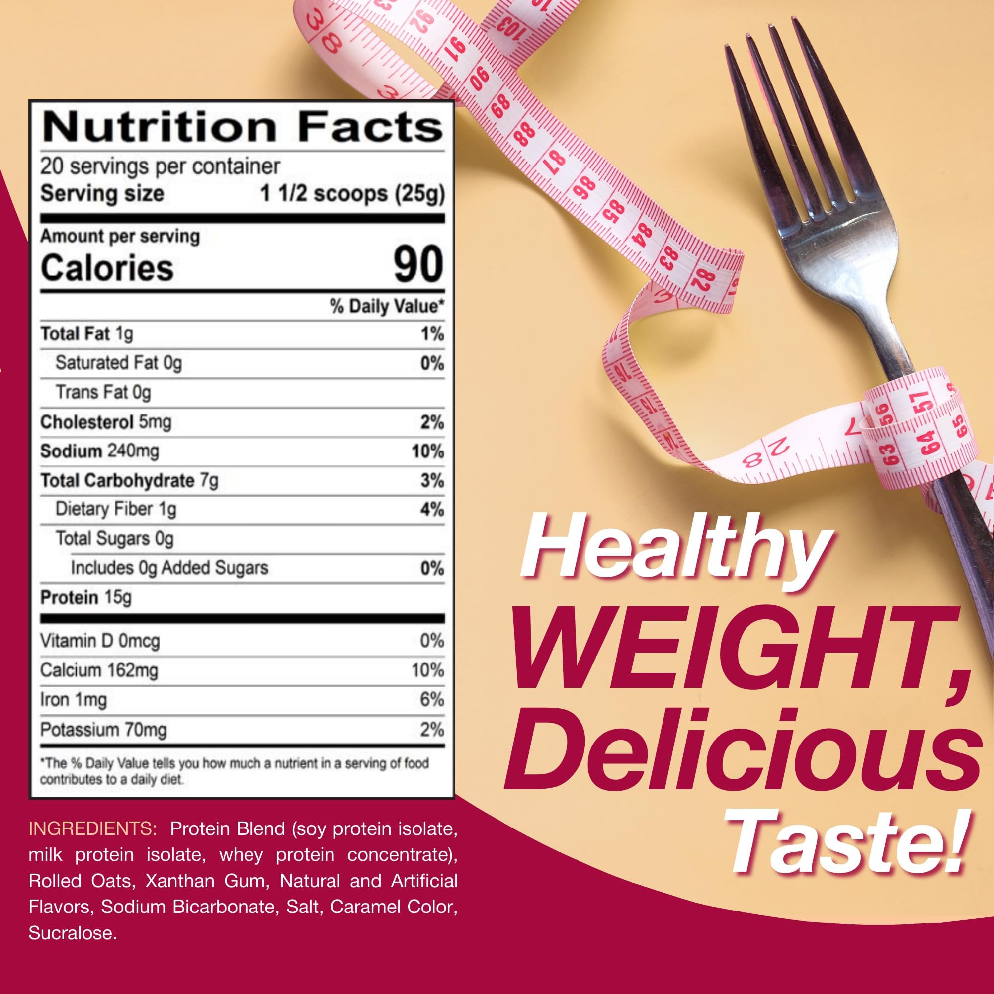 ProtiDIET open jar beside measured scoop illustrating 20 servings