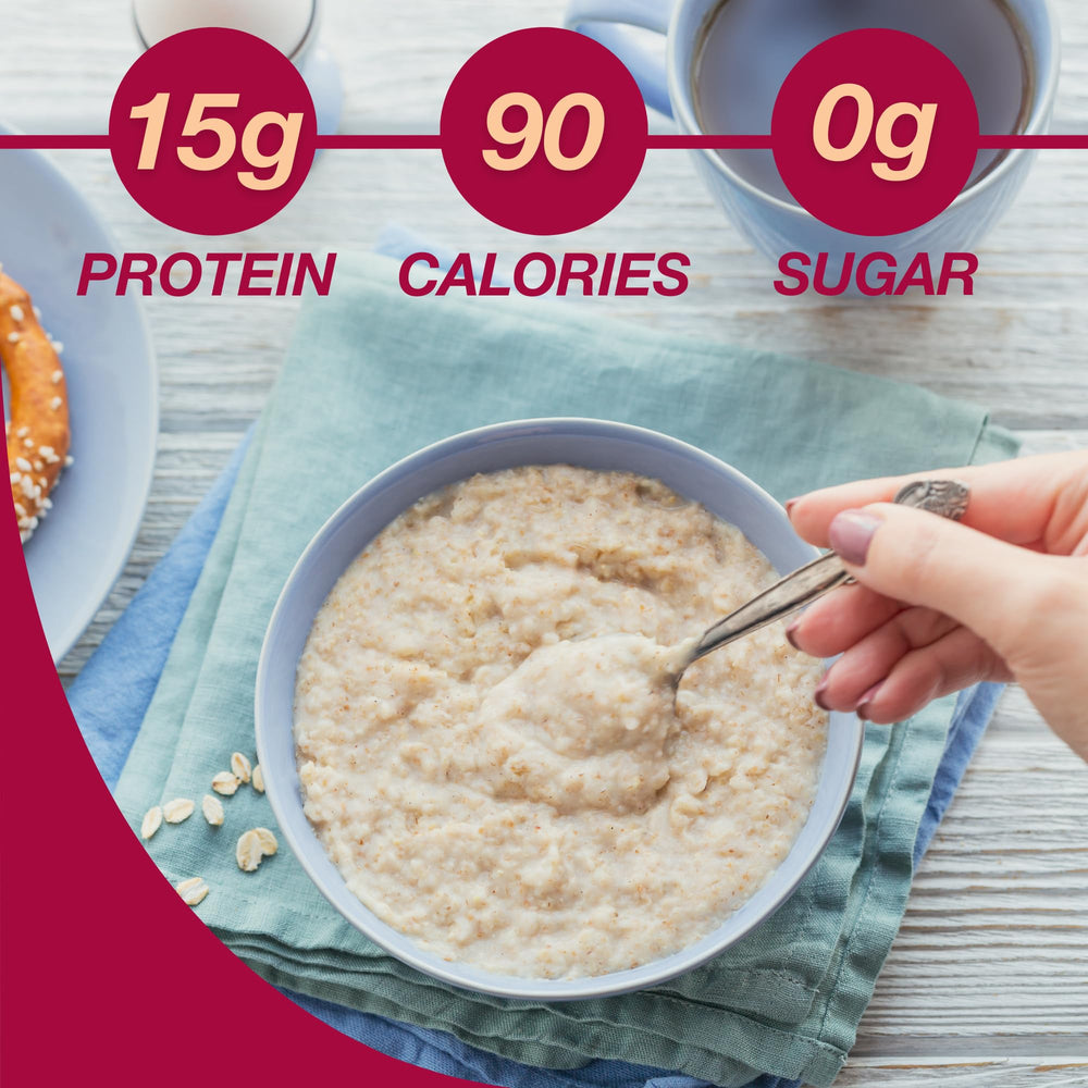 ProtiDIET spoonful of prepared oatmeal highlighting quick preparation