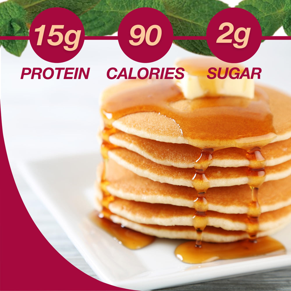 ProtiDIET pancake stack on plate portraying fluffy texture and high protein breakfast appeal