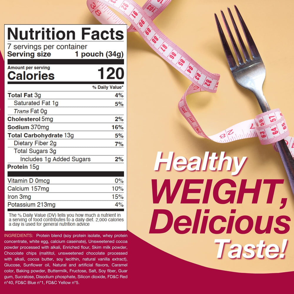 ProtiDIET pouch beside measuring scale showing portion control and 15g protein benefit