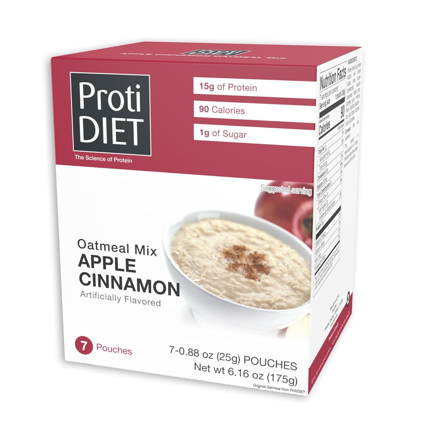 ProtiDIET front packaging showing seven apple cinnamon packets for convenient protein
