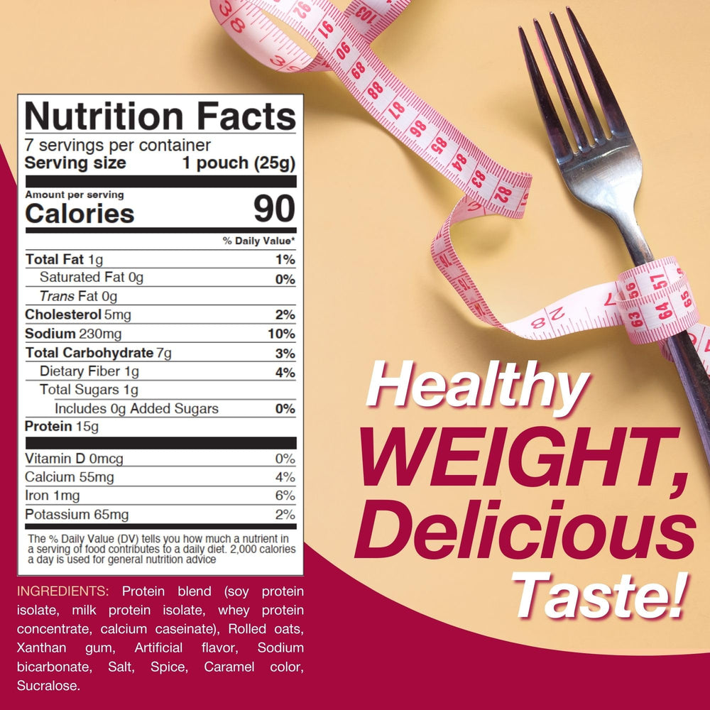 ProtiDIET single pouch beside a measuring cup illustrating compact portion control