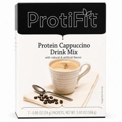 ProtiFit front packaging showing box of seven decaf cappuccino packets and benefits