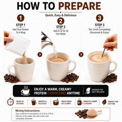 ProtiFit prepared hot cappuccino in cup demonstrating creamy look and low-calorie option