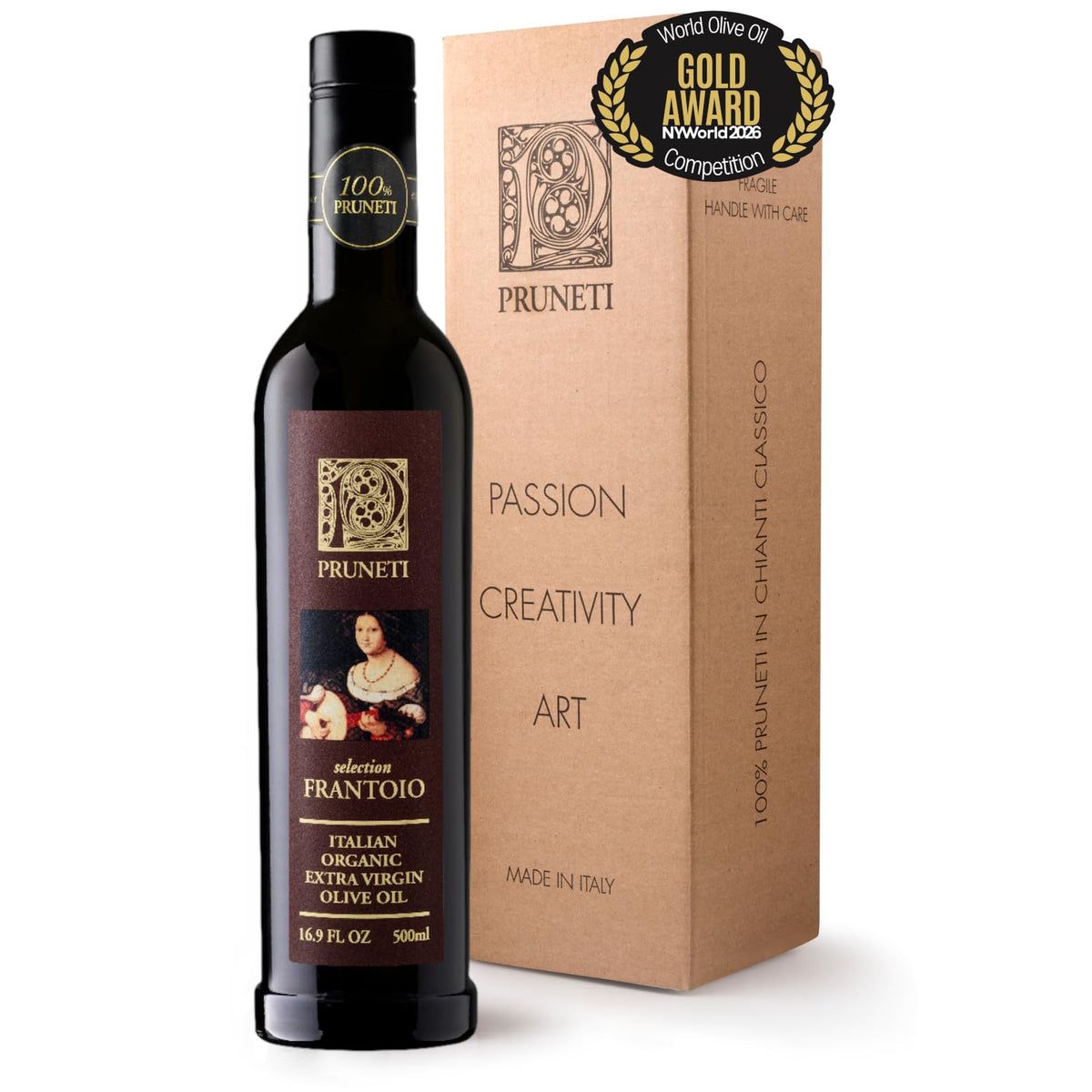 Pruneti bottle front view showing award label and elegant packaging benefit: premium presentation