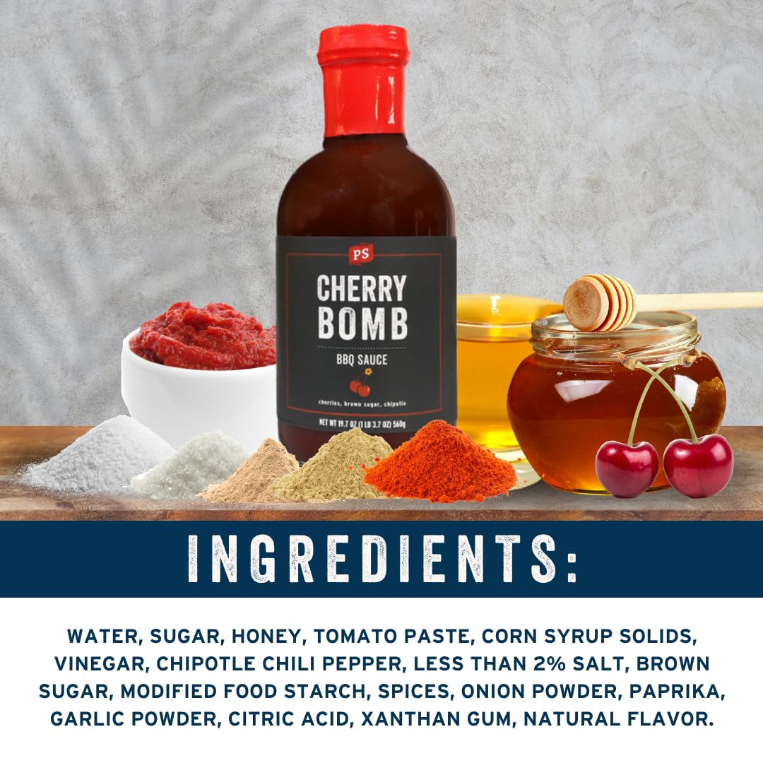 PS Seasoning Cherry Bomb bottle next to a measuring cup for size comparison