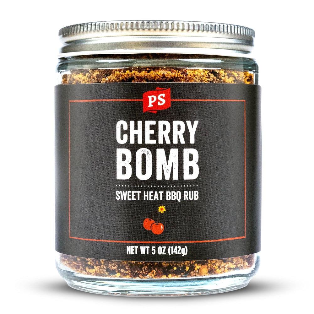 PS Seasoning front jar view showing bold cherry label and easy-grip lid, highlights convenience