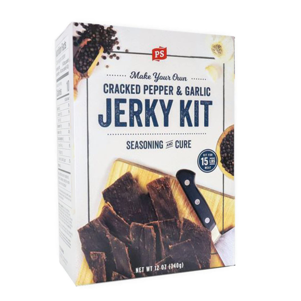 PS Seasoning front packaging showing cracked pepper and garlic for easy jerky making benefit