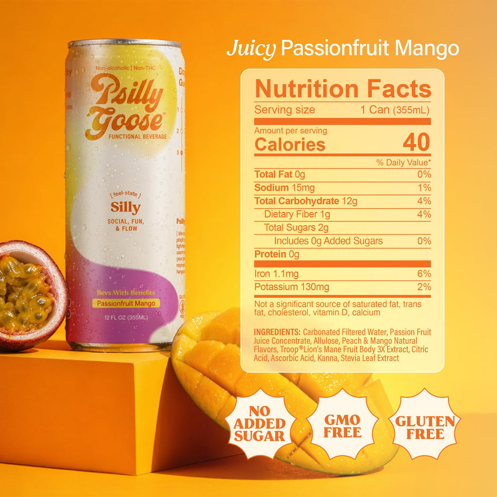 Psilly Goose can held in hand to show 12 oz scale and portable, on-the-go benefit