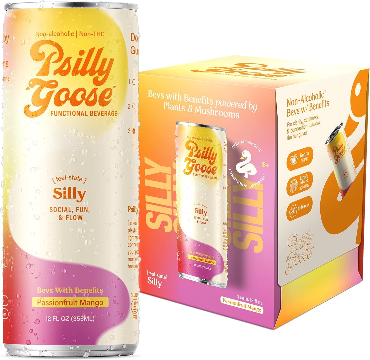 Psilly Goose can front view showing vibrant passionfruit mango branding and refreshing appeal