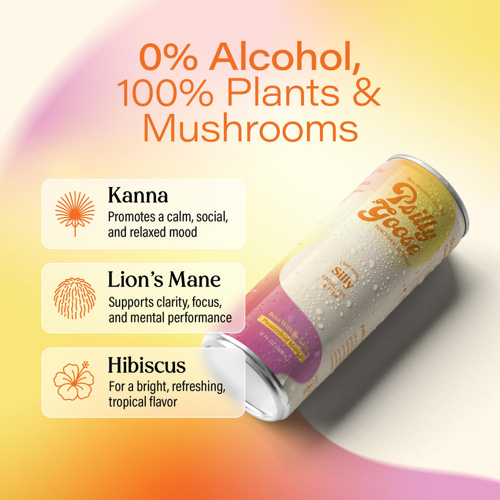 Psilly Goose label detail with ingredients list emphasizing plant and mushroom components