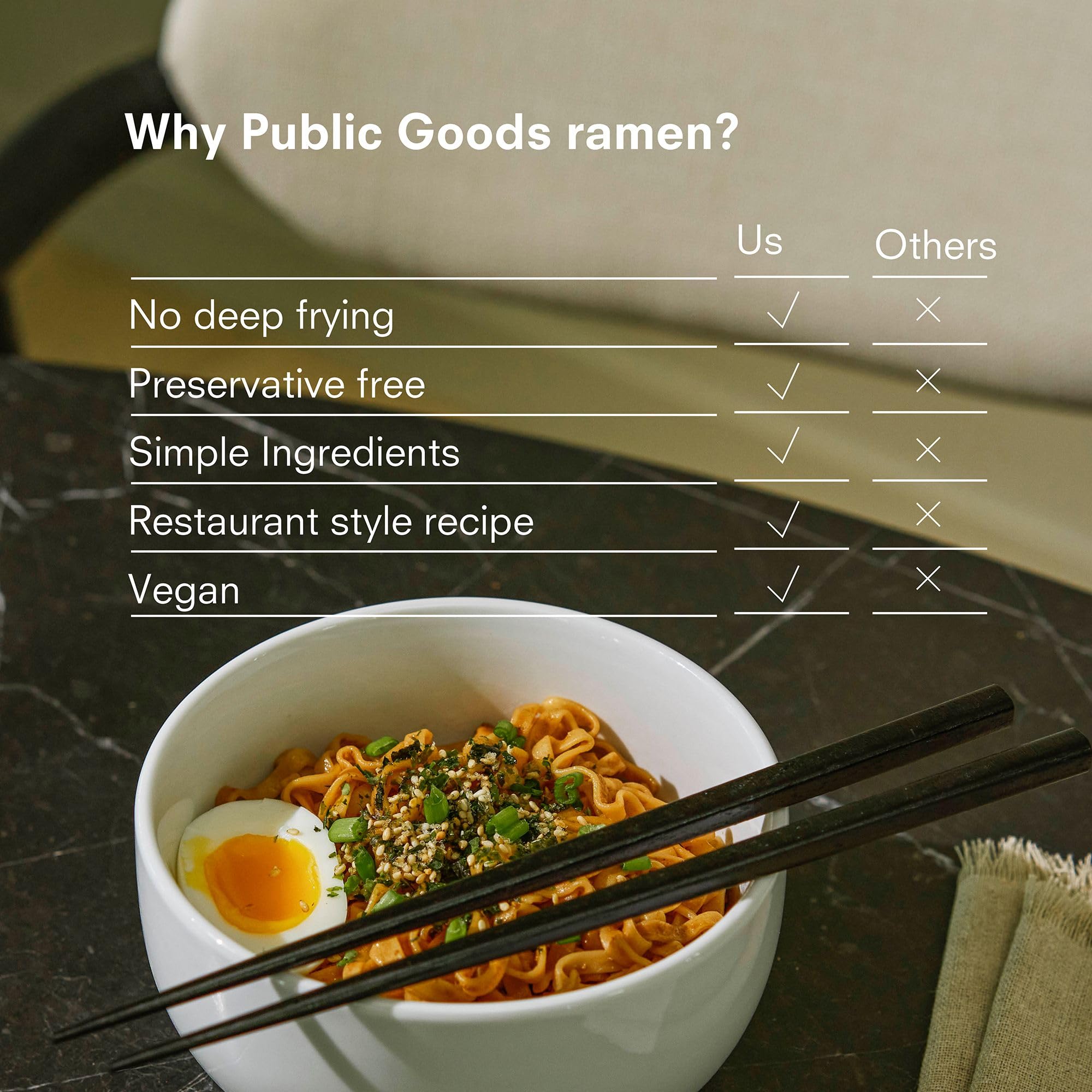 Public Goods ramen held in hand illustrating compact 10‑pack convenience